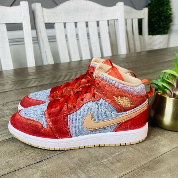 Jordan Other - Nike Air Jordan 1 Mid Denim Red Cinnabar/Hemp-White Size 1Y